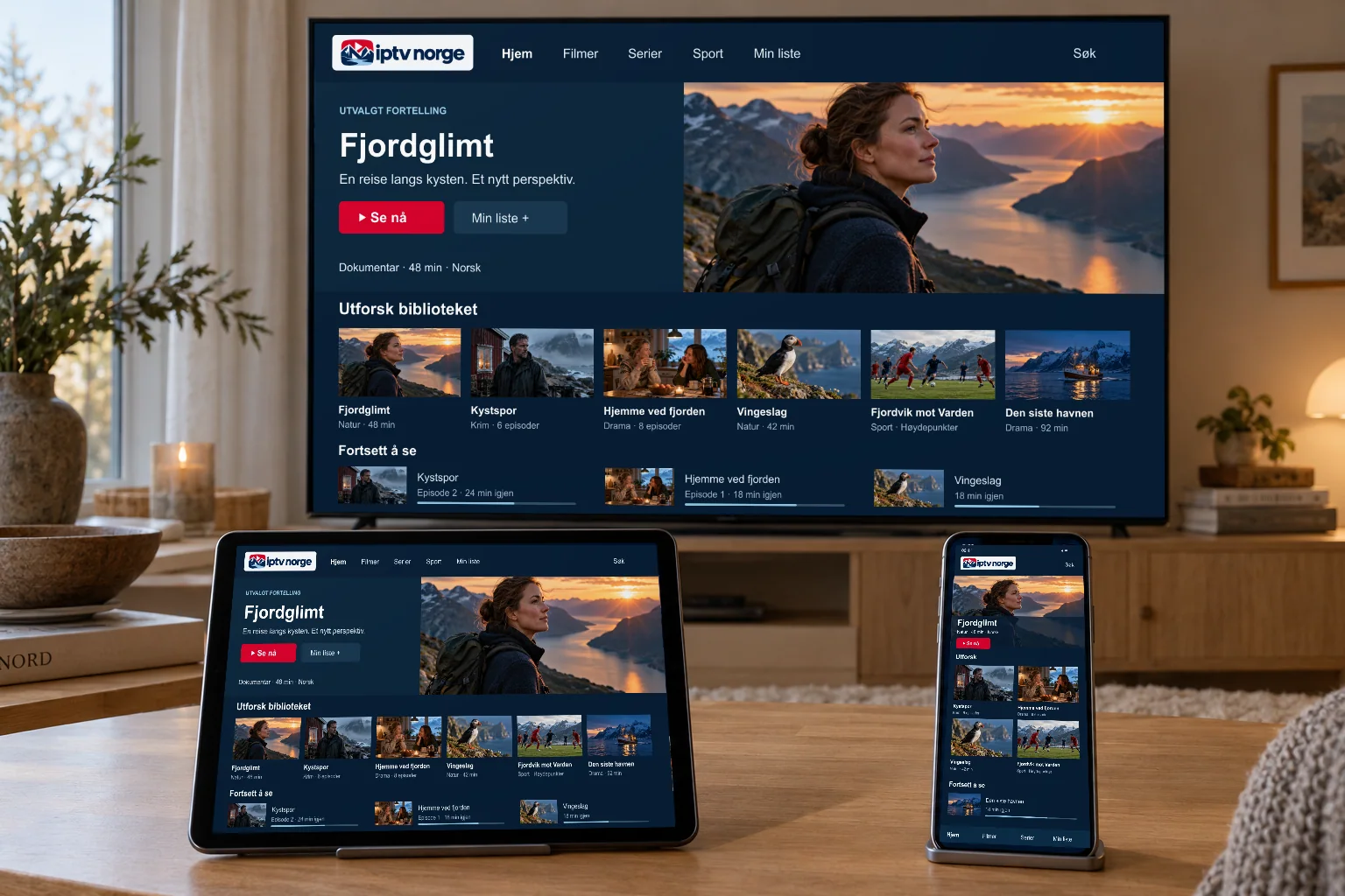 TV, nettbrett og mobil på en eikeskjenk, alle med det samme fiktive programbiblioteket