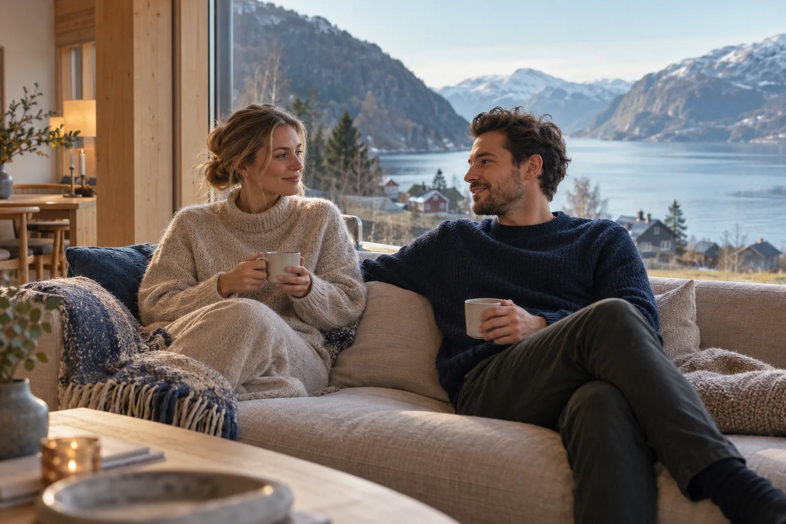 Par med kaffekopper i sofaen i en norsk stue med utsikt over fjorden og fjellene