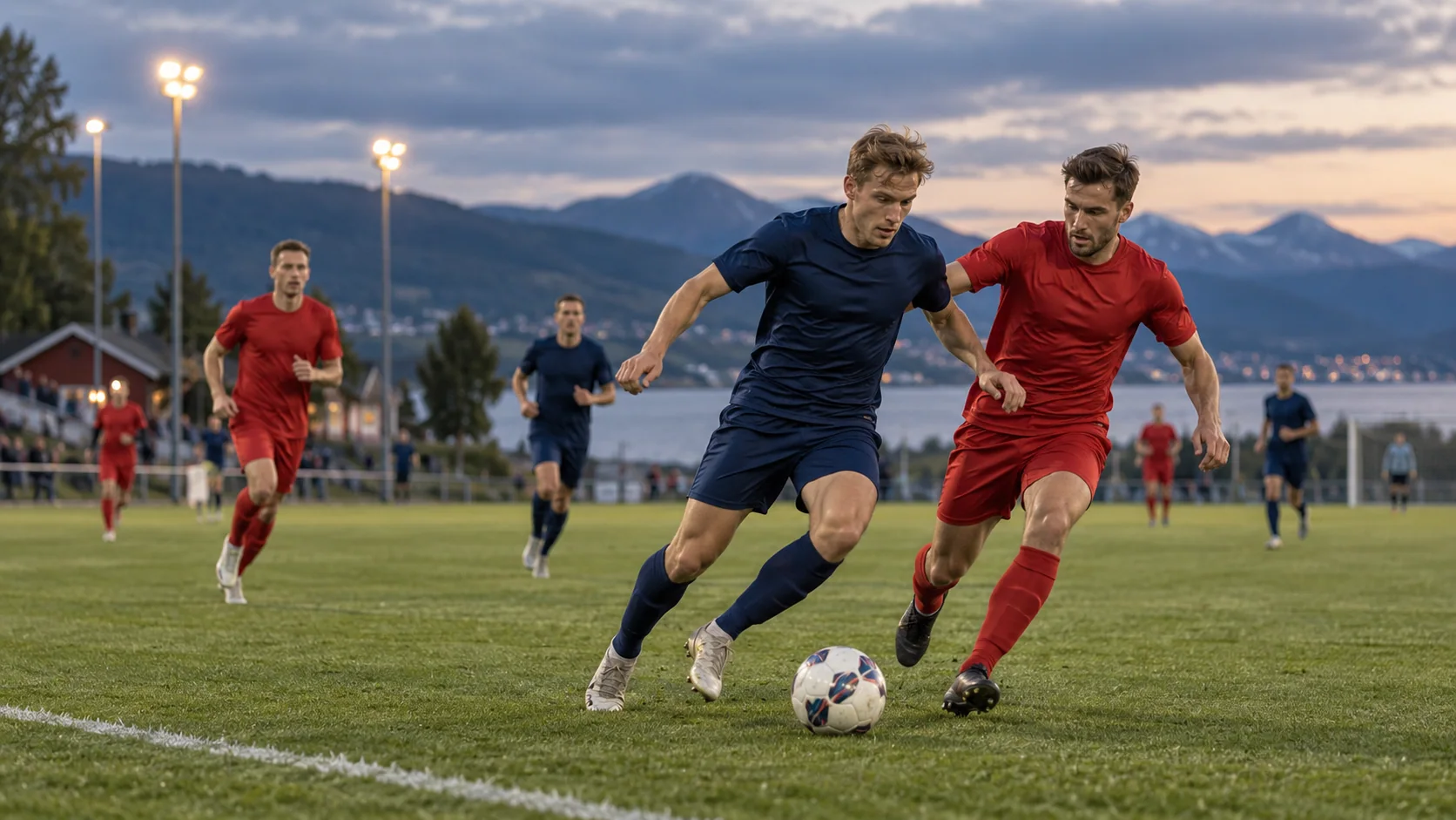 Fotballkamp på en bane ved fjorden i kveldssol, med spillere i fiktive drakter