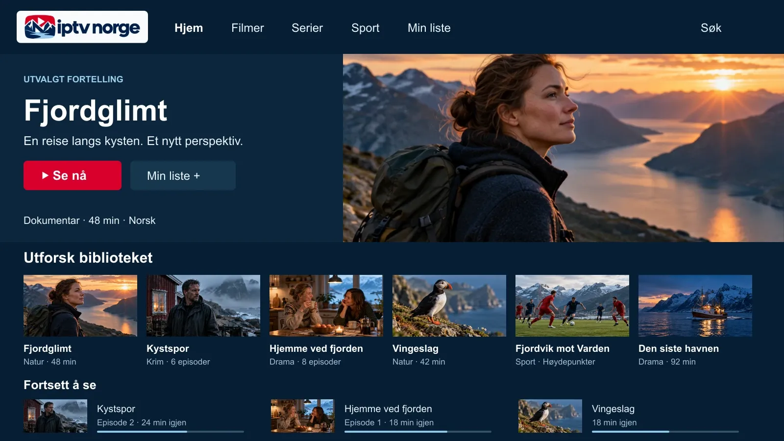 Fiktivt programbibliotek på en TV med nyheter, natur, drama og sport