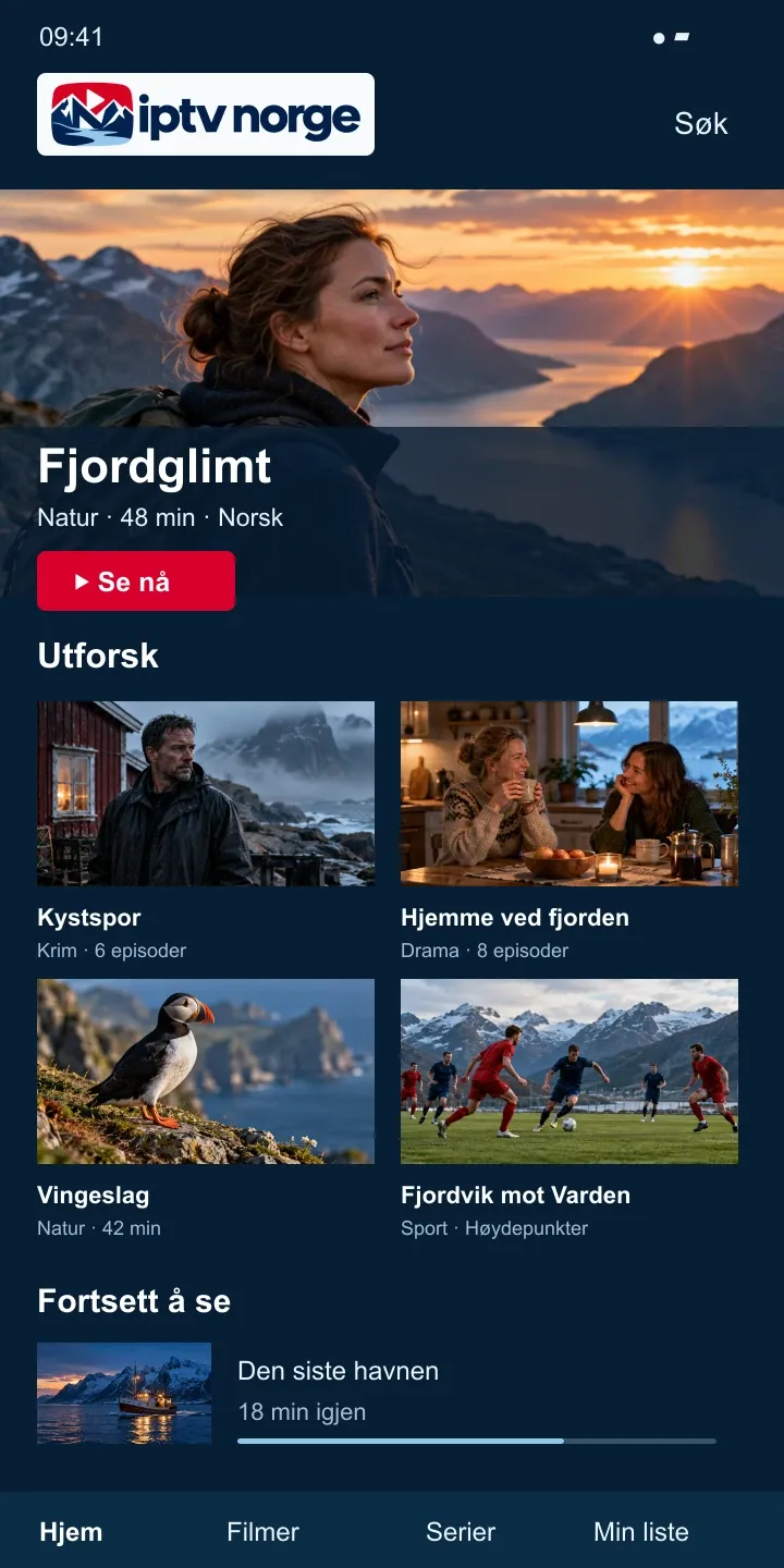 Fiktiv strømmeoversikt med naturprogram og serier på en mobiltelefon