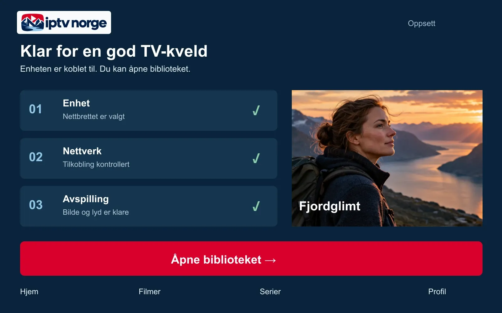Fiktiv oppsettskjerm på en TV der enhet, nettverk og avspilling er kontrollert